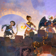 Three heroes stand back to back atop a bridge, surrounded my monsters. To the right side of the frame there's a small nature spirit.